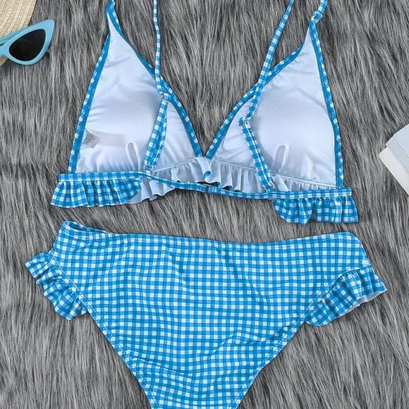 Sky Blue Plaid Ruffle Trim Triangle Bikini Set - Picture 11 of 15